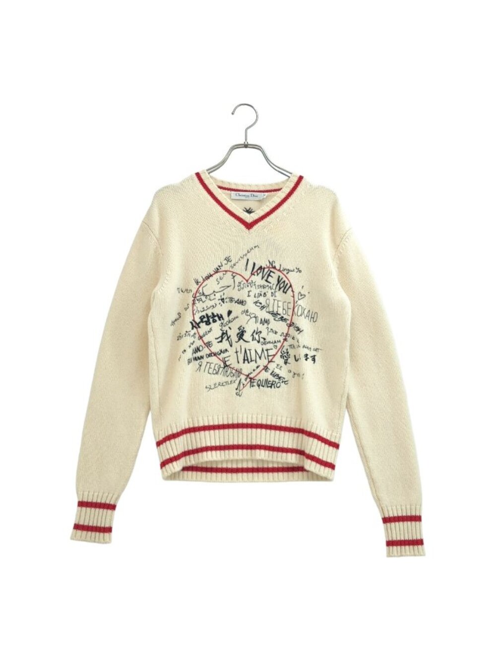 Dior Cashmere I Love You Embroidery V-neck Knit Ivory Sweater 34